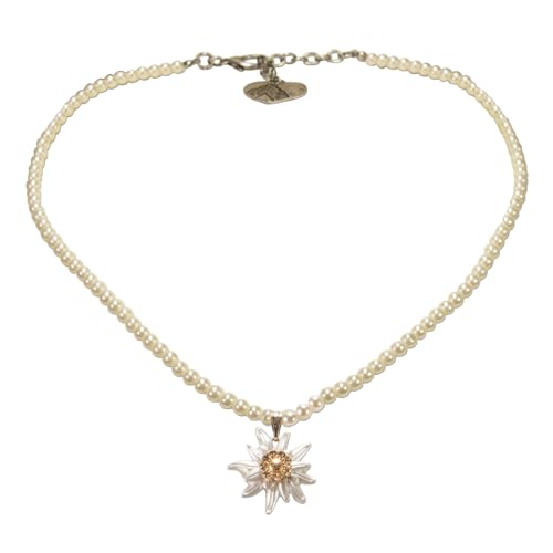 Alpenflüstern Perlen-Trachtenkette Greta mit Strass-Edelweiß klein - Damen-Trachtenschmuck Dirndlkette creme-weiß DHK271 von Alpenflüstern