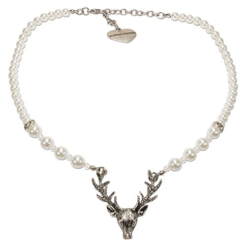 Alpenflüstern Perlen-Trachtenkette Hirsch - Damen-Trachtenschmuck mit Hirsch-Geweih, elegante Dirndlkette creme-weiß DHK203 von Alpenflüstern