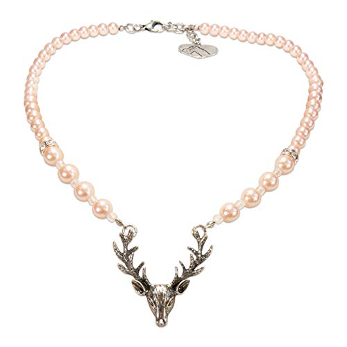 Alpenflüstern Perlen-Trachtenkette Hirsch - Damen-Trachtenschmuck mit Hirsch-Geweih, elegante Dirndlkette rosa-rosé DHK203 von Alpenflüstern