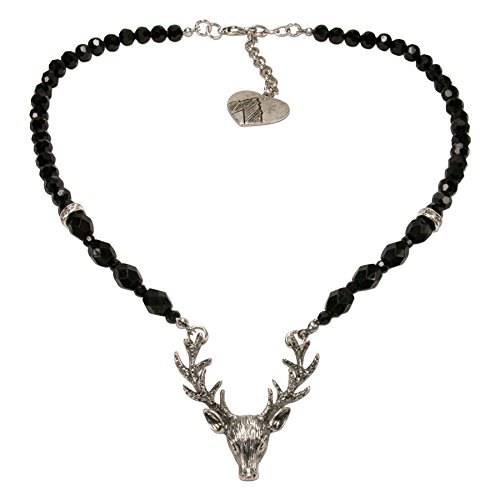 Alpenflüstern Perlen-Trachtenkette Hirsch - Damen-Trachtenschmuck mit Hirsch-Geweih, elegante Dirndlkette (schwarz) DHK203 von Alpenflüstern