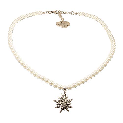 Alpenflüstern Perlen-Trachtenkette Strass-Edelweiß klein - Damen-Trachtenschmuck Dirndlkette creme-weiß DHK237 von Alpenflüstern