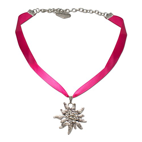 Alpenflüstern Satin-Trachtenkette Strass-Edelweiß - Damen-Trachtenschmuck Dirndlkette pink-fuchsia DHK115 von Alpenflüstern