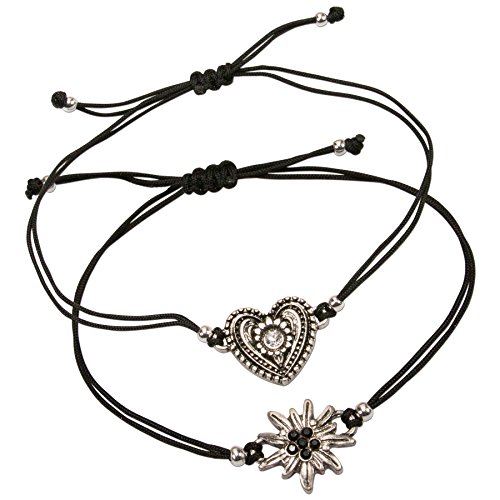 Alpenflüstern Trachten-Armband Set Strass-Edelweiß und Trachtenherz - Damen-Trachtenschmuck mit antik-Silber-farbenem Edelweiss und Trachten-Herz, verstellbare Trachten-Armketten schwarz DAB053 von Alpenflüstern