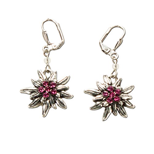 Alpenflüstern Trachten-Ohrhänger Strass-Edelweiß - Damen-Trachtenschmuck, Trachten-Ohrringe antik-silber-farben mit Strass-Steinen (pink-fuchsia) DOR008 von Alpenflüstern