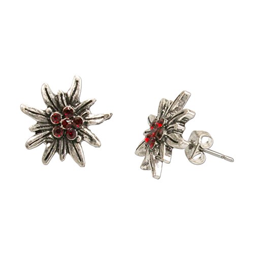 Alpenflüstern Trachten-Ohrstecker Strass-Edelweiß mini - Damen-Trachtenschmuck, Trachten-Ohrringe antik-silber-farben mit Strass-Steinen (rot) DOR033 von Alpenflüstern