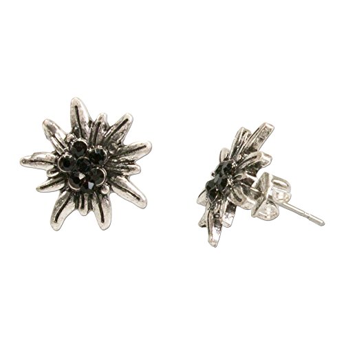 Alpenflüstern Trachten-Ohrstecker Strass-Edelweiß mini - Damen-Trachtenschmuck, Trachten-Ohrringe antik-silber-farben mit Strass-Steinen (schwarz) DOR033 von Alpenflüstern