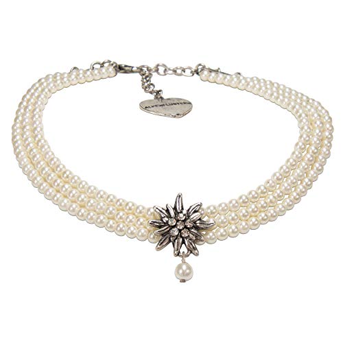 Alpenflüstern Trachten-Perlen-Kropfkette Strass-Edelweiß - nostalgische Trachtenkette, eleganter Damen-Trachtenschmuck, Dirndlkette creme-weiß DHK269 von Alpenflüstern