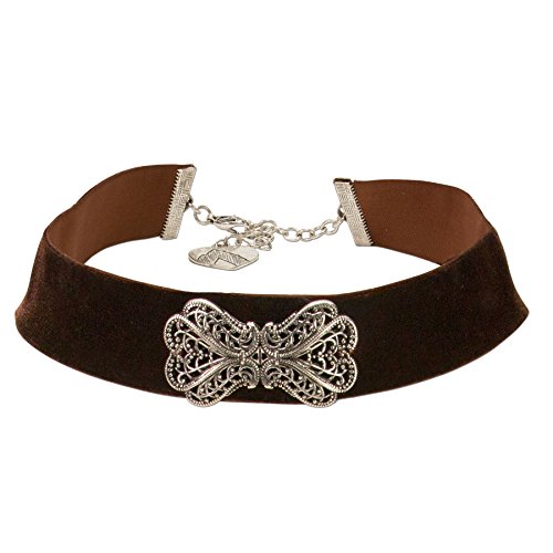 Alpenflüstern Trachten-Samt-Kropfband Ornament-Schleife - nostalgische Trachtenkette enganliegend, Kropfkette elastisch, eleganter Damen-Trachtenschmuck, Samtkropfband breit braun DHK207 von Alpenflüstern