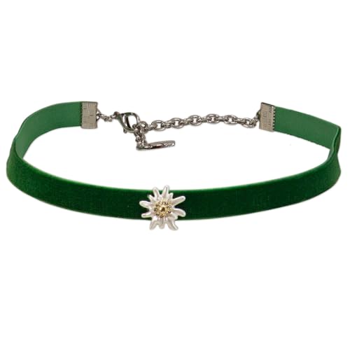 Alpenflüstern Trachten-Samt-Kropfband Strass-Edelweiß Greta mini - Trachtenkette enganliegend, Kropfkette elastisch, Damen-Trachtenschmuck, Samtkropfband schmal (waldgrün) DHK330 von Alpenflüstern
