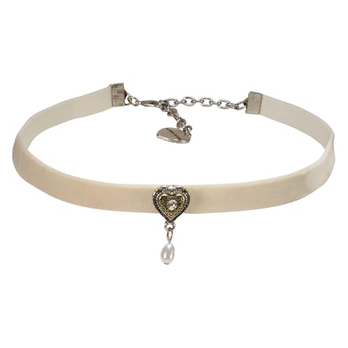 Alpenflüstern Trachten-Samtkropfband Trachtenherz mit Tropfenperle - Trachtenkette enganliegend, Kropfkette elastisch, Damen-Trachtenschmuck, Samtkropfband schmal (nude-beige) DHK338 von Alpenflüstern