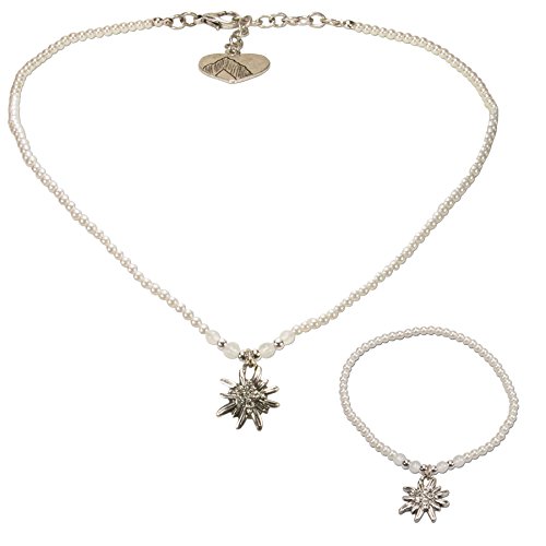 Alpenflüstern Trachtenschmuck-Set Filigran Perlen-Trachtenkette und Trachten-Armband Strass-Edelweiss - Damen-Trachten-Schmuck, Trachtenset Dirndl-Kette und Trachten-Armkette Creme-weiß SET028 von Alpenflüstern