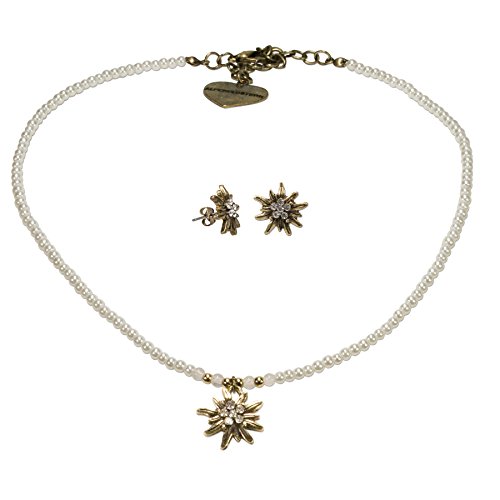 Alpenflüstern Trachtenschmuck-Set Filigran Perlen-Trachtenkette und Trachten-Ohrstecker Strass-Edelweiß - Damen-Trachten-Schmuck antik-Gold-Farben, Trachtenset Creme-weiß SET014 von Alpenflüstern