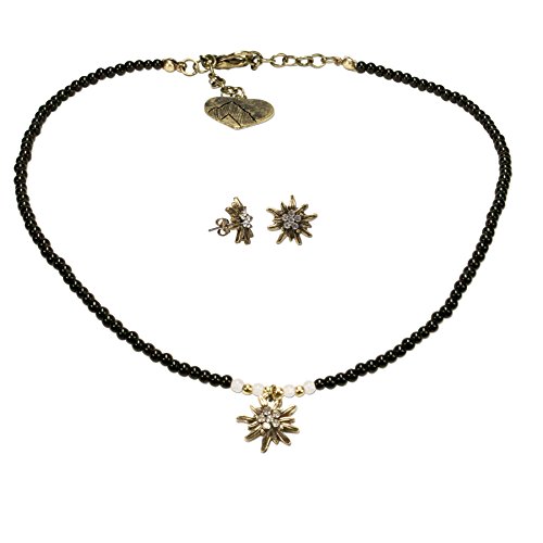 Alpenflüstern Trachtenschmuck-Set Filigran Perlen-Trachtenkette und Trachten-Ohrstecker Strass-Edelweiß - Damen-Trachten-Schmuck antik-Gold-Farben, Trachtenset schwarz SET014 von Alpenflüstern