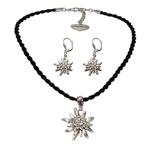 Alpenflüstern Trachtenschmuck-Set Kordel-Trachtenkette und Ohrhänger Strass-Edelweiß - Damen-Trachten-Schmuck, Trachtenset Dirndl-Kette und Trachten-Ohrringe schwarz SET021 von Alpenflüstern