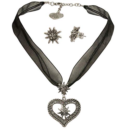 Alpenflüstern Trachtenschmuck-Set Organza-Trachtenkette Strassedelweissherz und Trachten-Ohrstecker Strass-Edelweiss - Damen-Trachten-Schmuck, Trachtenset Kette und Trachten-Ohrringe schwarz SET043 von Alpenflüstern