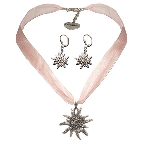 Alpenflüstern Trachtenschmuck-Set Organza-Trachtenkette und Ohrhänger Strass-Edelweiß - Damen-Trachten-Schmuck, Trachtenset Dirndl-Kette und Trachten-Ohrringe rosa-rosé SET019 von Alpenflüstern