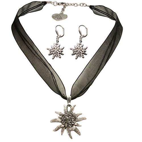 Alpenflüstern Trachtenschmuck-Set Organza-Trachtenkette und Ohrhänger Strass-Edelweiß - Damen-Trachten-Schmuck, Trachtenset Dirndl-Kette und Trachten-Ohrringe schwarz SET019 Alpenflüstern Trachtenschmuck-Set Organza-Trachtenkette und Ohrhänger Strass-Edelweiß - Damen-Trachten-Schmuck, Trachtenset Dirndl-Kette und Trachten-Ohrringe schwarz SET019 von Alpenflüstern