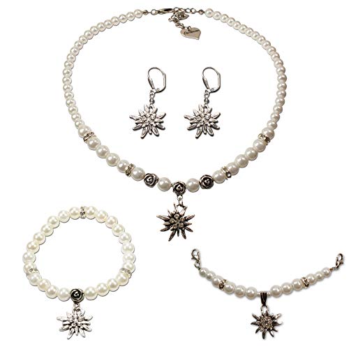 Trachtenkette Ohrringe Edelweiss Perle 4 Farben Dirndl Set Weihnachten Geschenk