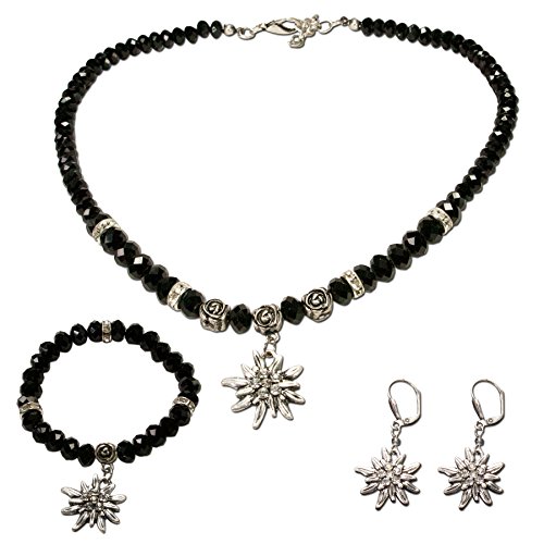 Alpenflüstern Trachtenschmuck-Set Perlen-Trachtenkette, Armband und Ohrhänger Strass-Edelweiß - Damen-Trachten-Schmuck, Trachtenset Dirndl-Kette, Armkette, Ohrringe schwarz SET024 von Alpenflüstern