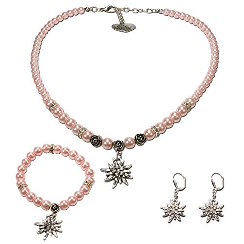 Alpenflüstern Trachtenschmuck-Set Perlen-Trachtenkette, Armband & Ohrhänger Strass-Edelweiß - Dirndl-Kette, Armkette, Ohrringe in traditionellen Farben SET024 (rosa-rosé) von Alpenflüstern