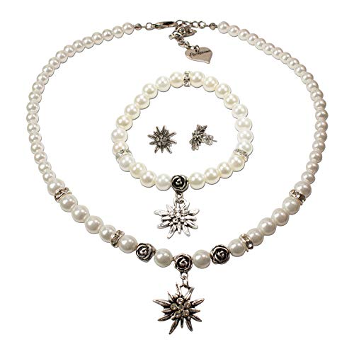 Alpenflüstern Trachtenschmuck-Set Perlen-Trachtenkette, Armband und Ohrstecker Strass-Edelweiß - Damen-Trachten-Schmuck, Trachtenset Dirndl-Kette, Armkette, Ohrringe Creme-weiß SET045 von Alpenflüstern