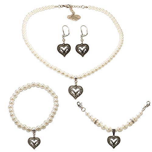 Alpenflüstern Trachtenschmuck-Set Perlen-Trachtenkette, Trachten-Armband, Charivari und Trachten-Ohrhänger Strassherz-Hirsch - Damen-Trachten-Schmuck, Trachtenset Creme-weiß SET047 von Alpenflüstern