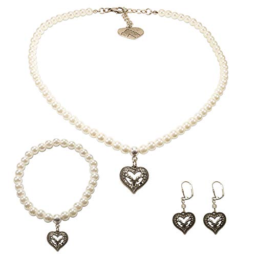 Alpenflüstern Trachtenschmuck-Set Perlen-Trachtenkette, Trachten-Armband und Trachten-Ohrhänger Strassherz-Hirsch - Damen-Trachten-Schmuck, Trachtenset Creme-weiß SET046 von Alpenflüstern