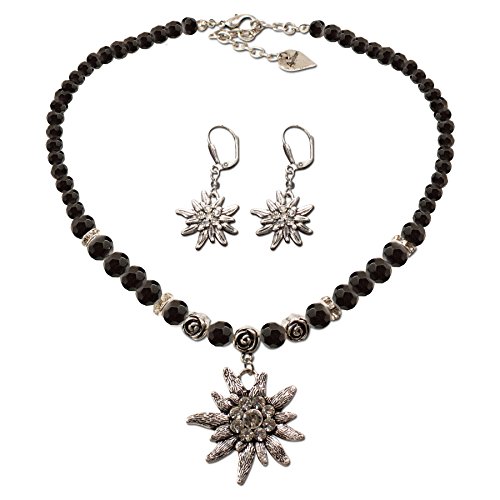 Alpenflüstern Trachtenschmuck-Set Perlen-Trachtenkette und Ohrhänger Strass-Edelweiß - Damen-Trachten-Schmuck, Trachtenset Dirndl-Kette und Trachten-Ohrringe schwarz SET011 von Alpenflüstern