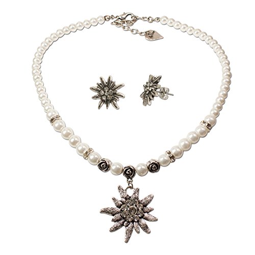 Alpenflüstern Trachtenschmuck-Set Perlen-Trachtenkette und Ohrstecker Strass-Edelweiß - Damen-Trachten-Schmuck, Trachtenset Dirndl-Kette und Trachten-Ohrringe Creme-weiß SET012 von Alpenflüstern