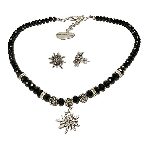 Alpenflüstern Trachtenschmuck-Set Perlen-Trachtenkette und Ohrstecker Strass-Edelweiß - Damen-Trachten-Schmuck, Trachtenset Dirndl-Kette und Trachten-Ohrringe schwarz SET010 von Alpenflüstern