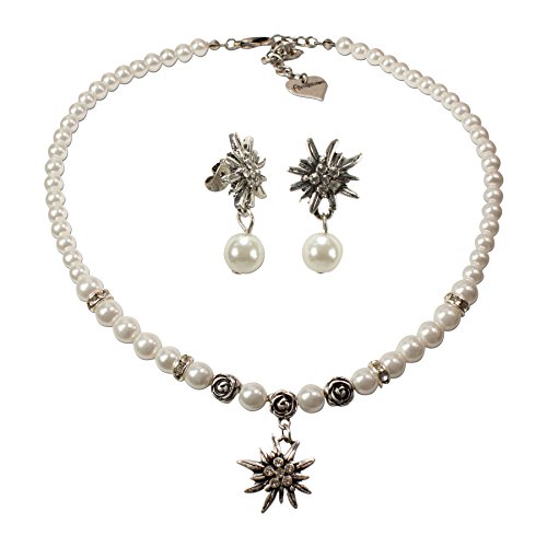 Alpenflüstern Trachtenschmuck-Set Perlen-Trachtenkette und Perlen-Ohrstecker Strass-Edelweiß - Damen-Trachten-Schmuck, Trachtenset Dirndl-Kette und Trachten-Ohrringe Creme-weiß SET013 von Alpenflüstern