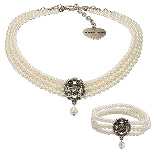 Alpenflüstern Trachtenschmuck-Set Perlen-Trachtenkette und Trachten-Armband Frederike - Damen-Trachten-Schmuck, Trachtenset Dirndl-Kette und Trachten-Armkette Creme-weiß SET027 von Alpenflüstern