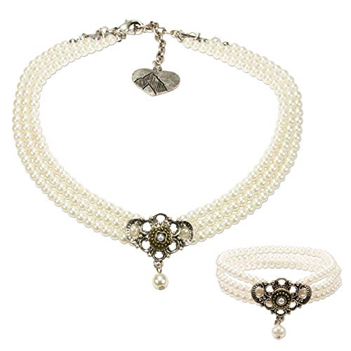 Alpenflüstern Trachtenschmuck-Set Perlen-Trachtenkette und Trachten-Armband Hedwig - Damen-Trachten-Schmuck, Trachtenset Dirndl-Kette und Trachten-Armkette Creme-weiß SET035 von Alpenflüstern