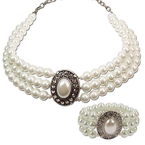 Alpenflüstern Trachtenschmuck-Set Perlen-Trachtenkette und Trachten-Armband Sissi - Damen-Trachten-Schmuck, Trachtenset Dirndl-Kette und Trachten-Armkette Creme-weiß SET025 von Alpenflüstern