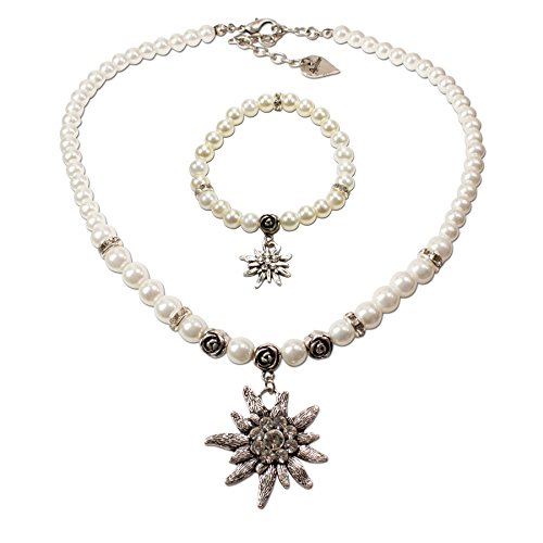 Alpenflüstern Trachtenschmuck-Set Perlen-Trachtenkette und Trachten-Armband Strass-Edelweiß - Damen-Trachten-Schmuck, Trachtenset Dirndl-Kette und Trachten-Armkette Creme-weiß SET022 von Alpenflüstern