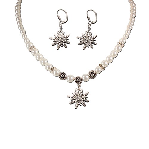 Alpenflüstern Trachtenschmuck-Set Perlen-Trachtenkette und Trachten-Ohrhänger Strass-Edelweiß - Damen-Trachten-Schmuck, Trachtenset Dirndl-Kette und Trachten-Ohrringe weiß SET005 von Alpenflüstern