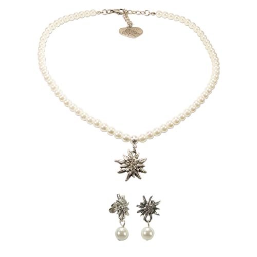 Alpenflüstern Trachtenschmuck-Set Perlen-Trachtenkette und Trachten-Ohrstecker Strass-Edelweiss - Damen Trachten-Schmuck Trachtenset Dirndl-Kette und Trachten-Ohrringe (creme-weiß) SET056 von Alpenflüstern