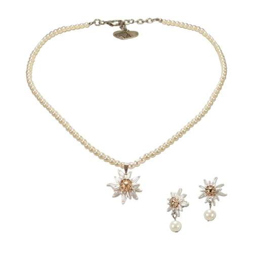 Alpenflüstern Trachtenschmuck-Set Perlen-Trachtenkette und Trachten-Ohrstecker Strass-Edelweiß Greta klein - Damen Trachten-Schmuck Trachtenset Dirndl-Kette und Trachten-Ohrringe (creme-weiß) SET051 von Alpenflüstern
