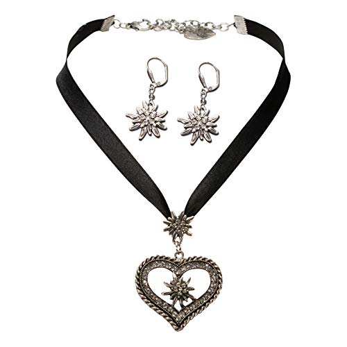 Alpenflüstern Trachtenschmuck-Set Satin-Trachtenkette Strassedelweissherz und Trachten-Ohrhänger Strass-Edelweiss - Damen-Trachten-Schmuck, Trachtenset Kette und Trachten-Ohrringe schwarz SET044 von Alpenflüstern