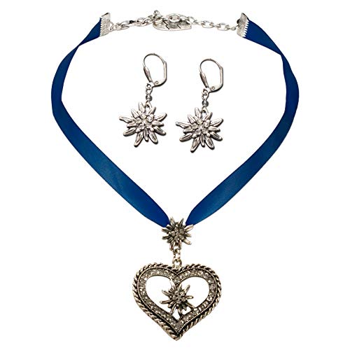 Alpenflüstern Trachtenschmuck-Set Satin-Trachtenkette Strassedelweissherz und Trachten-Ohrhänger Strass-Edelweiss - Damen-Trachten-Schmuck, Trachtenset Trachtenkette und Trachten-Ohrringe blau SET044 von Alpenflüstern