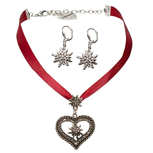 Alpenflüstern Trachtenschmuck-Set Satin-Trachtenkette Strassedelweissherz und Trachten-Ohrhänger Strass-Edelweiss - Damen-Trachten-Schmuck, Trachtenset Trachtenkette und Trachten-Ohrringe rot SET044 von Alpenflüstern