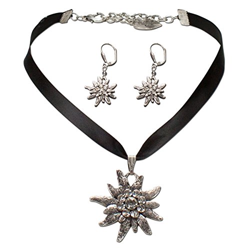 Alpenflüstern Trachtenschmuck-Set Satin-Trachtenkette und Ohrhänger Strass-Edelweiß - Damen-Trachten-Schmuck, Trachtenset Dirndl-Kette und Trachten-Ohrringe schwarz SET020 von Alpenflüstern