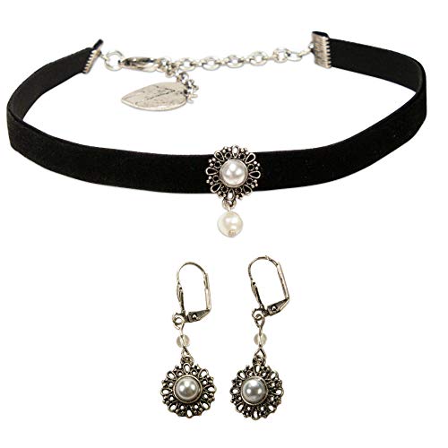 Alpenflüstern Trachtenschmuck-Set Trachten-Samt-Kropfband und Ohrhänger Helena - Damen-Trachten-Schmuck, Trachtenset Trachtenkette und Trachten-Ohrringe schwarz SET050 von Alpenflüstern