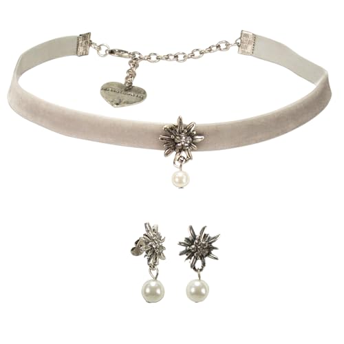 Alpenflüstern Trachtenschmuck-Set Trachten-Samt-Kropfband und Ohrhänger Strass-Edelweiß - Damen-Trachten-Schmuck, Trachtenset Trachtenkette und Trachten-Ohrringe (grau) SET060 von Alpenflüstern
