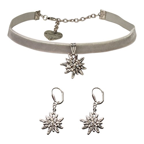 Alpenflüstern Trachtenschmuck-Set Trachten-Samt-Kropfband und Ohrhänger Strass-Edelweiß - Damen-Trachten-Schmuck, Trachtenset Trachtenkette und Trachten-Ohrringe grau SET015 von Alpenflüstern