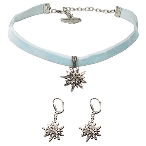 Alpenflüstern Trachtenschmuck-Set Trachten-Samt-Kropfband und Ohrhänger Strass-Edelweiß - Damen-Trachten-Schmuck, Trachtenset Trachtenkette und Trachten-Ohrringe hell-blau SET015 von Alpenflüstern