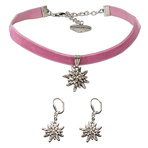 Alpenflüstern Trachtenschmuck-Set Trachten-Samt-Kropfband und Ohrhänger Strass-Edelweiß - Damen-Trachten-Schmuck, Trachtenset Trachtenkette und Trachten-Ohrringe rosa-rosé SET015 von Alpenflüstern