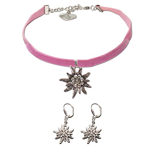 Alpenflüstern Trachtenschmuck-Set Trachten-Samt-Kropfband und Ohrhänger Strass-Edelweiß - Damen-Trachten-Schmuck, Trachtenset Trachtenkette und Trachten-Ohrringe rosa-rosé SET017 von Alpenflüstern