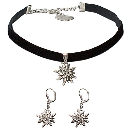 Alpenflüstern Trachtenschmuck-Set Trachten-Samt-Kropfband und Ohrhänger Strass-Edelweiß - Damen-Trachten-Schmuck, Trachtenset Trachtenkette und Trachten-Ohrringe schwarz SET015 von Alpenflüstern