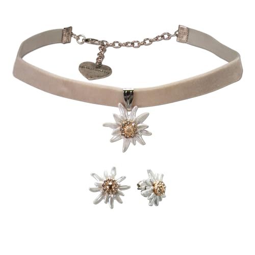Alpenflüstern Trachtenschmuck-Set Trachten-Samt-Kropfband und Ohrstecker Greta Edelweiß - Damen-Trachten-Schmuck, Trachtenset Trachtenkette und Trachten-Ohrringe (grau) SET053 von Alpenflüstern